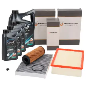 HIRSCHER Filterset 3-tlg + 8L WOLF 5W30 C3 LL III Motor&ouml;l f&uuml;r AUDI A4 8E B7 2.7/3.0 TDI