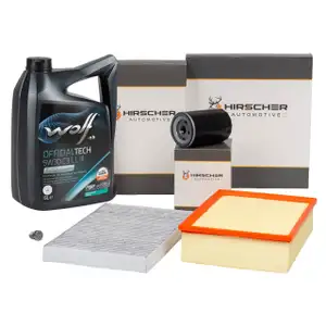 HIRSCHER Filterset 3-tlg + 5L WOLF 5W30 Motor&ouml;l f&uuml;r AUDI A4 B6 B7 SEAT Exeo 1.6 1.8 2.0