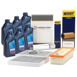 HIRSCHER Filterset 4-tlg + 6L ORIGINAL 5W30 Motor&ouml;l f&uuml;r BMW 5er F10 F11 518d 520d B47
