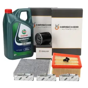 HIRSCHER Filterset + 3x ORIGINAL Z&uuml;ndkerze 5L CASTROL 5W20 E f&uuml;r FORD Fiesta 7 1.1 Ti-VCT