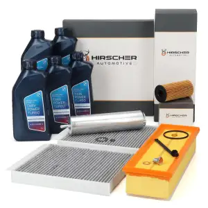 HIRSCHER Filterset 4-tlg + 5L ORIGINAL 5W30 Motor&ouml;l f&uuml;r BMW 5er F10 F11 518d 520d B47