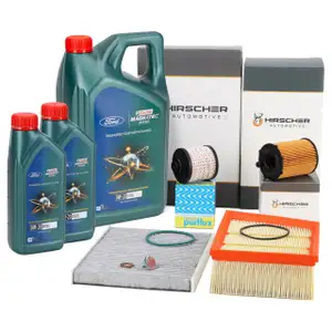 HIRSCHER Filterset 4-tlg + 7L CASTROL 0W20 Motor&ouml;l f&uuml;r FORD Fiesta 7 MK7 1.5 TDCi 75-120
