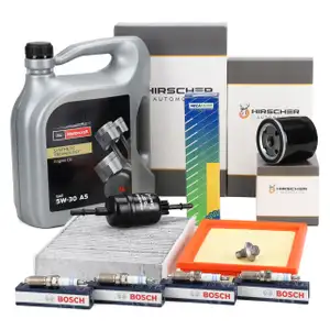HIRSCHER Filterset 4-tlg + 4x BOSCH Z&uuml;ndkerze 5L ORIGINAL 5W30 f&uuml;r FORD 5 1.25/1.4/1.6