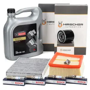 HIRSCHER Filterset + 4x BOSCH Z&uuml;ndkerze 5L ORIGINAL 5W30 Motor&ouml;l f&uuml;r FORD 6 1.25-1.6