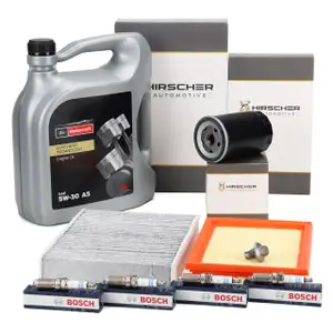 HIRSCHER Filterset 3-tlg + 4x BOSCH Z&uuml;ndkerze 5L ORIGINAL 5W30 f&uuml;r FORD 5 1.3 1.6 16V