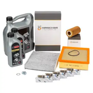 HIRSCHER Filterset + 5x ORIGINAL Z&uuml;ndkerze + 7L 5W30 A5 Motor&ouml;l f&uuml;r FORD Focus 2 MK2 2.5