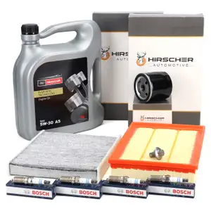 HIRSCHER Filterset + 4x BOSCH Z&uuml;ndkerze 5L ORIGINAL 5W30 A5 f&uuml;r FORD 2 1.4 1.6 bis 2007