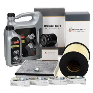 HIRSCHER Filterset + 4x ORIGINAL Z&uuml;ndkerze + 6L 5W30 Motor&ouml;l f&uuml;r FORD Focus 3 2.0 ST 2.3