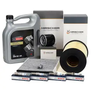 HIRSCHER Filterset + 4x BOSCH Z&uuml;ndkerze + ORIGINAL 5L 5W30 Motor&ouml;l f&uuml;r FORD Focus 3 1.6 Ti