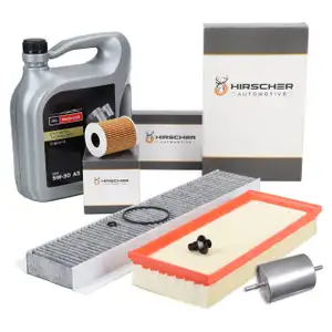 HIRSCHER Filterset 4-tlg + 5L ORIGINAL 5W30 Motor&ouml;l f&uuml;r FORD 3 1.8/2.0 16V bis 10.2002