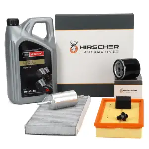 HIRSCHER Filterset 4-tlg + 5L ORIGINAL 5W30 A5 Motor&ouml;l f&uuml;r FORD Focus 1 MK1 1.4 16V 75 PS