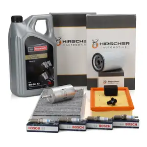 HIRSCHER Filterset 4-tlg + 4x BOSCH Z&uuml;ndkerze + 5L ORIGINAL 5W30 f&uuml;r FORD Focus 1 1.6 16V