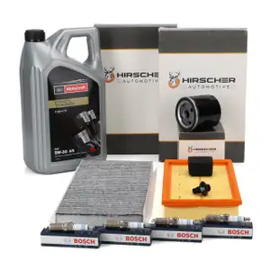 HIRSCHER Filterset 3-tlg + 4x BOSCH Z&uuml;ndkerze + 5L ORIGINAL 5W30 f&uuml;r FORD Focus 1 1.4 16V