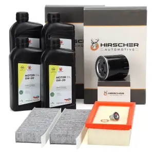 HIRSCHER Filterset Filterpaket + 4L ORIGINAL 0W-20 Motor&ouml;l f&uuml;r OPEL Corsa F 1.2 75 PS