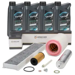 HIRSCHER Filterset 4-tlg + 4L WOLF 0W30 Motor&ouml;l f&uuml;r MINI R56 R55 One D / Cooper D 9HZ