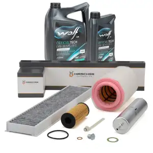 HIRSCHER Filterset 4-tlg + 6L WOLF 0W30 Motor&ouml;l f&uuml;r MINI R60 R61 One D / Cooper D / SD N47