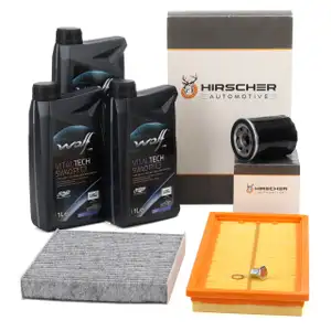 HIRSCHER Filterset + 3L WOLF 5W40 PI C3 Motoröl für FIAT 500 312 1.4 100 PS ab 09.2011