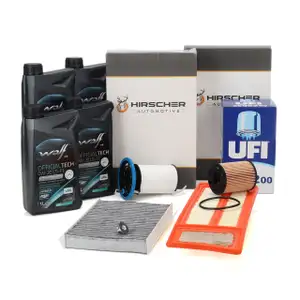 HIRSCHER Filterset 4-tlg + 4L WOLF 0W-20 LS-FE Motor&ouml;l f&uuml;r FIAT 500L 1.3 D Multijet