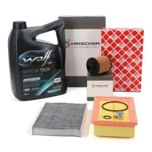 HIRSCHER Filterset 3-tlg + 5L WOLF 0W20 LS-FE Motor&ouml;l f&uuml;r FIAT 500L 1.6 D Multijet
