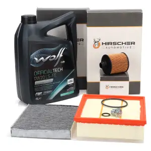 HIRSCHER Filterset 4-tlg + 5L WOLF 0W-20 LS-FE Motor&ouml;l f&uuml;r FIAT Doblo OPEL Combo 1.6/2.0 D
