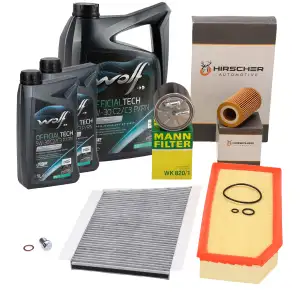 HIRSCHER Filterset 4-tlg + 7L WOLF 5W30 f&uuml;r MERCEDES W203 S203 OM611 OM612 ab 03.2003