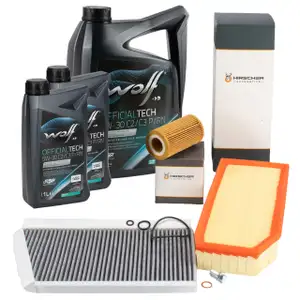 HIRSCHER Filterset 3-tlg + 7L WOLF 5W30 f&uuml;r MERCEDES W203 S203 CL203 C209 OM611 OM612