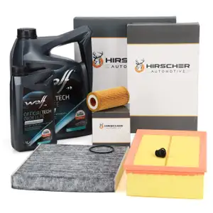 HIRSCHER Filterset + 6L WOLF 0W20 LL FE Motor&ouml;l f&uuml;r VW Golf 7 8 Passat 1.8/2.0 TSI/GTI/R