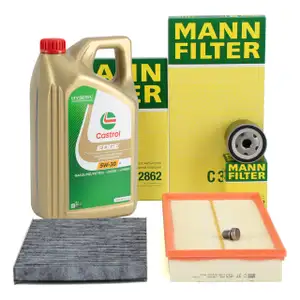 MANN Filterset 3-tlg + 5L CASTROL 5W30 Motor&ouml;l f&uuml;r VW Golf 4 Bora 1.6 FSI 110 PS