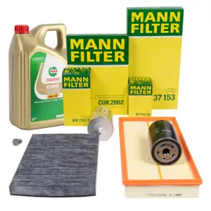 MANN Filterset 4-tlg + 5L CASTROL 5W30 Motor&ouml;l f&uuml;r VW Golf 4 AUDI A3 8L1 8N 1.6 1.8/T 2.0