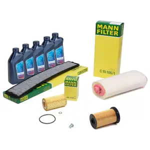 MANN Filterset 4-tlg + 5L ORIGINAL 5W30 Motor&ouml;l f&uuml;r BMW 3er E46 318d 320d 116-136 PS M47