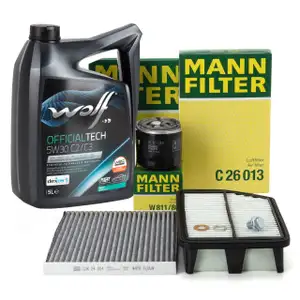 MANN Filterset + 5L WOLF 5W30 C2/C3 Motor&ouml;l f&uuml;r HYUNDAI ix35 KIA Sportage 3 2.0 163/166 PS