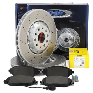 SHW Bremsscheiben + TEXTAR Bel&auml;ge + Sensor f&uuml;r VW GOLF 7 GTE PASSAT B7 B8 vorne