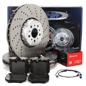 SHW Bremsscheiben + BREMBO Bremsbeläge + Sensor BMW X3M F97 X4M F98 480/510 PS vorne