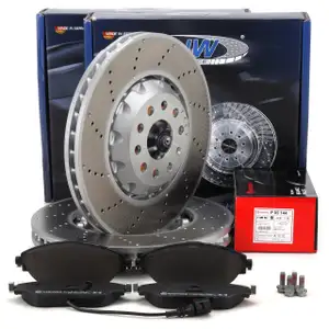 SHW Bremsscheiben + BREMBO Bel&auml;ge + Sensor f&uuml;r VW GolfF 7 8 GTI/R AUDI S3 8V 8Y vorne
