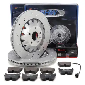 SHW Bremsscheiben + BREMBO Bremsbel&auml;ge + Sensor f&uuml;r AUDI TTRS FV PR-1ZK/1LU 400 PS vorne