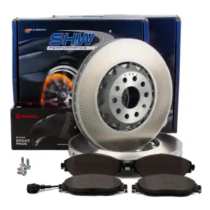 SHW Bremsscheiben + BREMBO Bremsbeläge + Sensor für VW Golf 7 8 GTI/R AUDI S3 8V SQ2 vorne