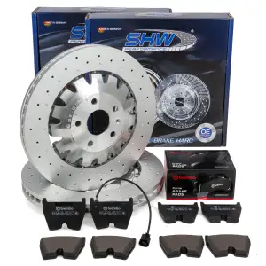 SHW Bremsscheiben + BREMBO Bremsbel&auml;ge + Sensor f&uuml;r AUDI RS3 8V PR-1LH/1LU vorne
