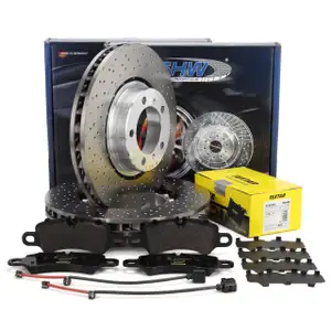 SHW Bremsscheiben + TEXTAR Bel&auml;ge + Sensor f&uuml;r PORSCHE 991 3.0 Carrera 4 GTS 450 PS vorne