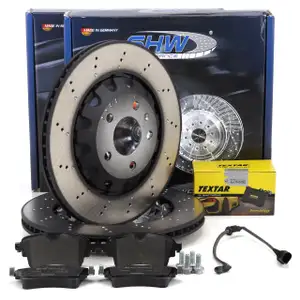 SHW Bremsscheiben + TEXTAR Bremsbel&auml;ge + Sensor f&uuml;r AUDI RS4 B9 RS5 F5 450 PS hinten