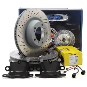 SHW Bremsscheiben + TEXTAR Beläge Sensor für PORSCHE 992 3.0 Carrera S / 4S 2EB/2ET hinten