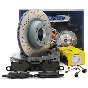 SHW Bremsscheiben + TEXTAR Beläge Sensor für PORSCHE 992 3.0 Carrera S / 4S PR-2EB hinten