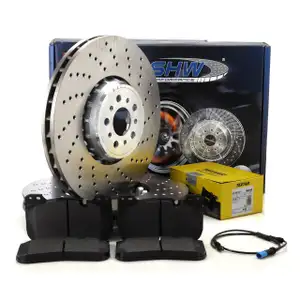SHW Bremsscheiben + TEXTAR Bremsbel&auml;ge + Sensor f&uuml;r BMW X5M F95 600/625 PS vorne