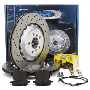 SHW Bremsscheiben + TEXTAR Bremsbeläge + Sensor für BMW 5er F10 M5 6er F12 F13 F06 hinten