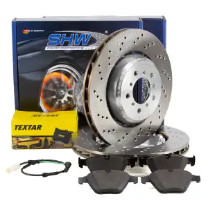 SHW Bremsscheiben + TEXTAR Bremsbel&auml;ge + Sensor f&uuml;r BMW 1er E82 1M 3er E90 E92 E93 vorne