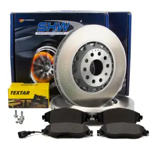 SHW Bremsscheiben + TEXTAR Bremsbel&auml;ge + Sensor f&uuml;r VW Golf 7 8 GTI/R AUDI S3 8V SQ2 vorne