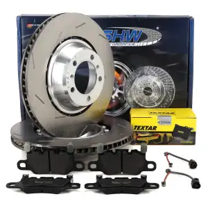 SHW Bremsscheiben + TEXTAR Bremsbeläge + Sensor für PORSCHE Panamera (971) 20 Zoll hinten