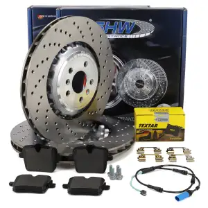 SHW Bremsscheiben + TEXTAR Bremsbel&auml;ge + Sensor f&uuml;r BMW 5er M5 F90 8er M8 F92 F93 hinten