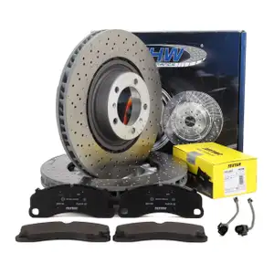 SHW Bremsscheiben + TEXTAR Bel&auml;ge + Sensor f&uuml;r PORCHE 991 3.8 Turbo / S bis 2016 vorne