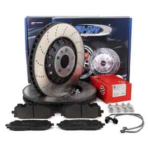 SHW Bremsscheiben + ZIMMERMANN Bremsbel&auml;ge + Sensor f&uuml;r AUDI RS4 B9 RS5 F5 450 PS vorne