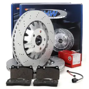 SHW Bremsscheiben + ZIMMERMANN Bel&auml;ge + Sensor f&uuml;r AUDI TTRS 8J Ateca Formentor Leon vorne